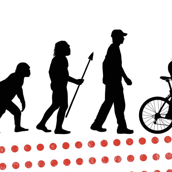 Homoerektus rejser sig og bliver til en Tour-rytter