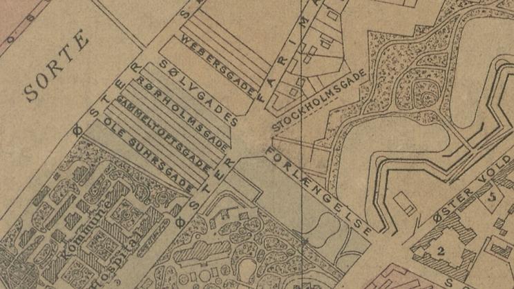 Udsnit af kort over Kbh 1879, hvor man kan se forlængelsen af Sølvgade og den nyanlagte Stockholmsgade