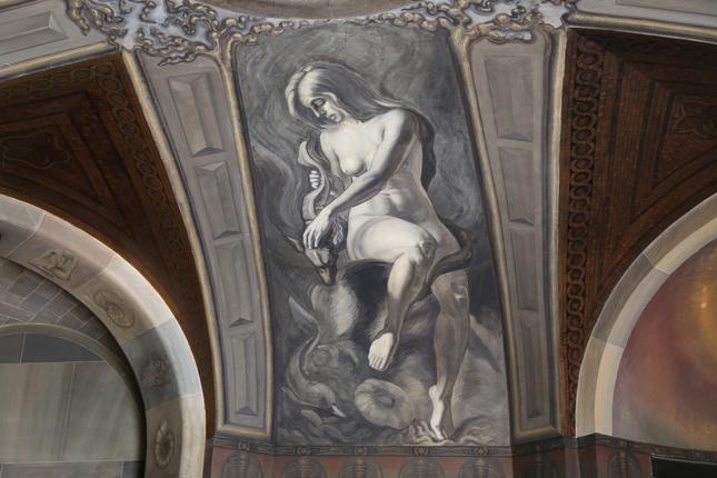 Oscar Matthiesens verdensbillede, hvor han blandt andet afbilleder Jordens indre og de fire naturkræfter symboliseret ved menneskelige figurer i loftet. 